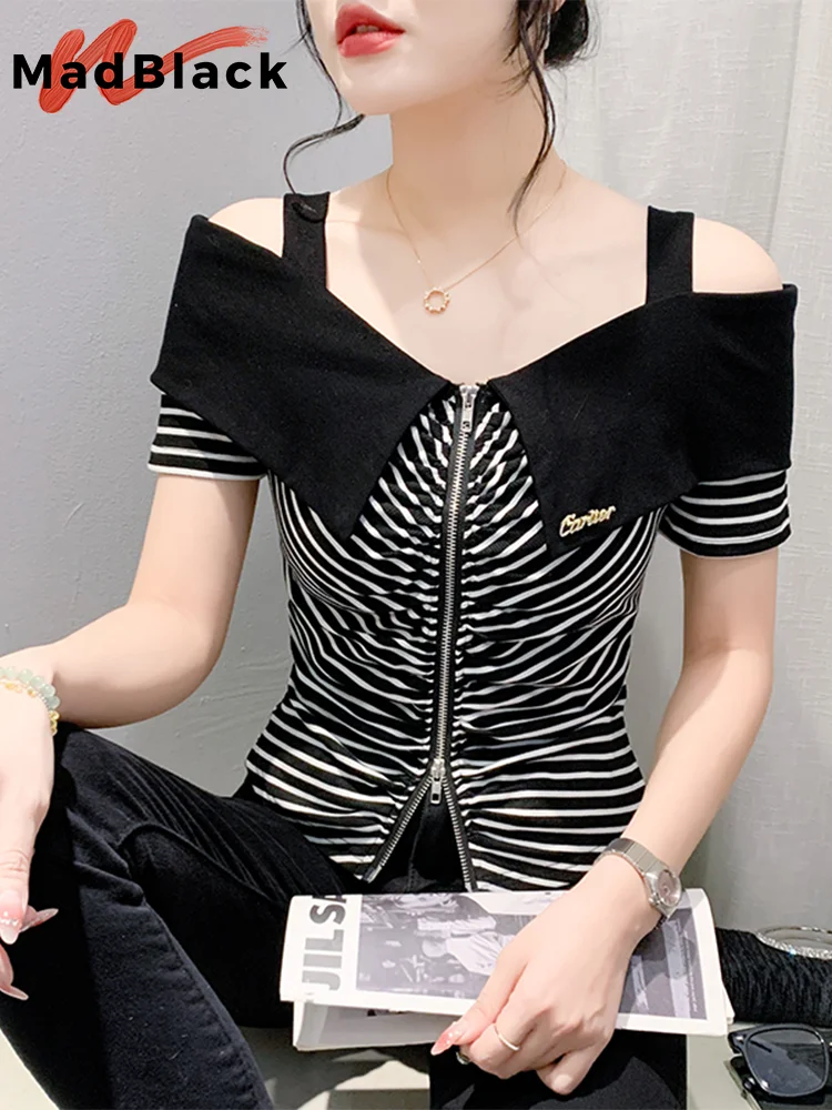 

MadBlack European Clothes Tshirts Women Sexy V Neck Stripe Zipper Slim Cotton Tops Short Sleeve Tee Summer T45544JM