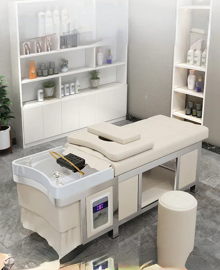 Steel frame head therapy shampoo bed with water heater, water circulation, fumigation, beauty salon ear cleaning