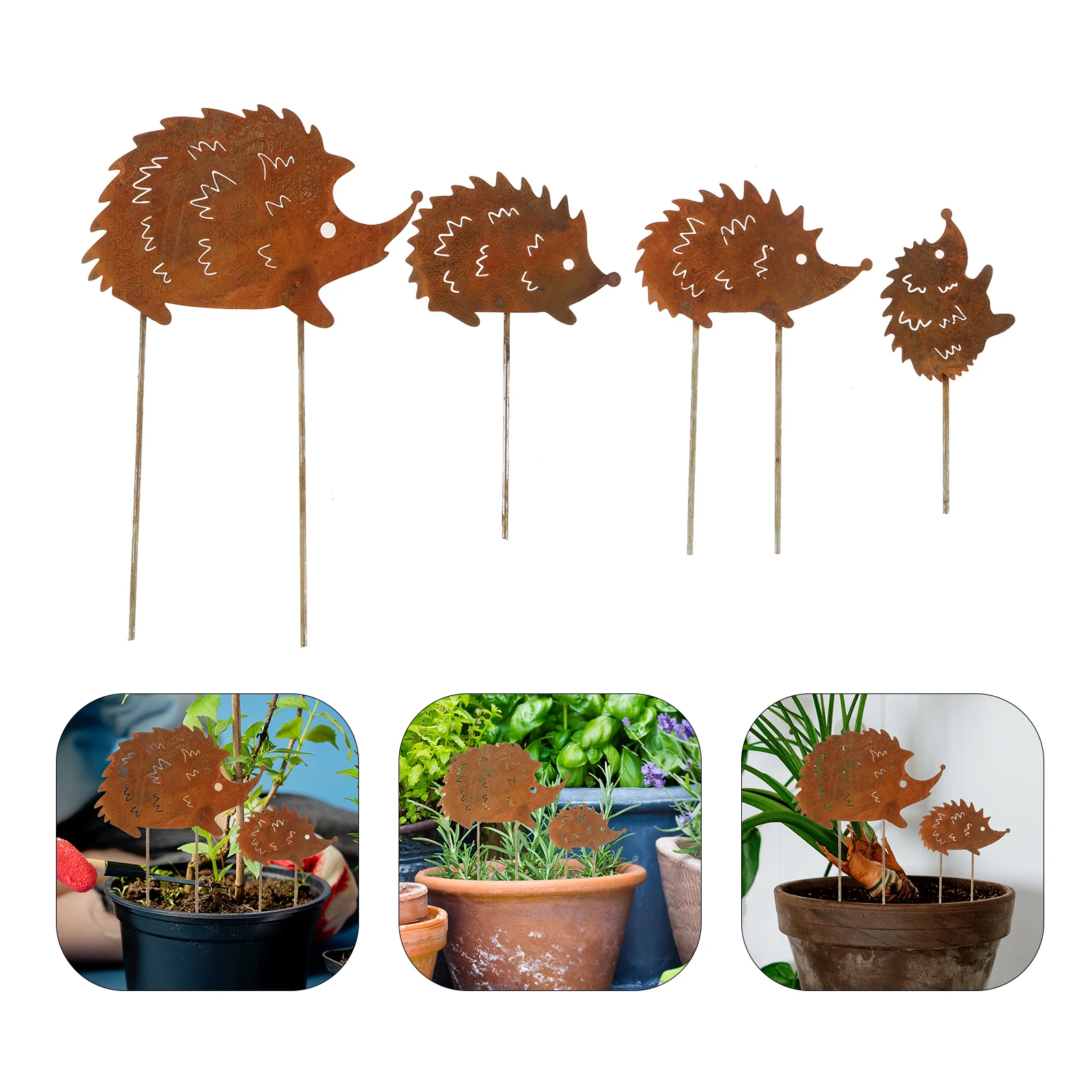 

4pcs Iron Hedgehog Stake Decor Garden Bonsai Ornament For Flower Pot Planters Micro Landscape Potted Garden Craft Adornment