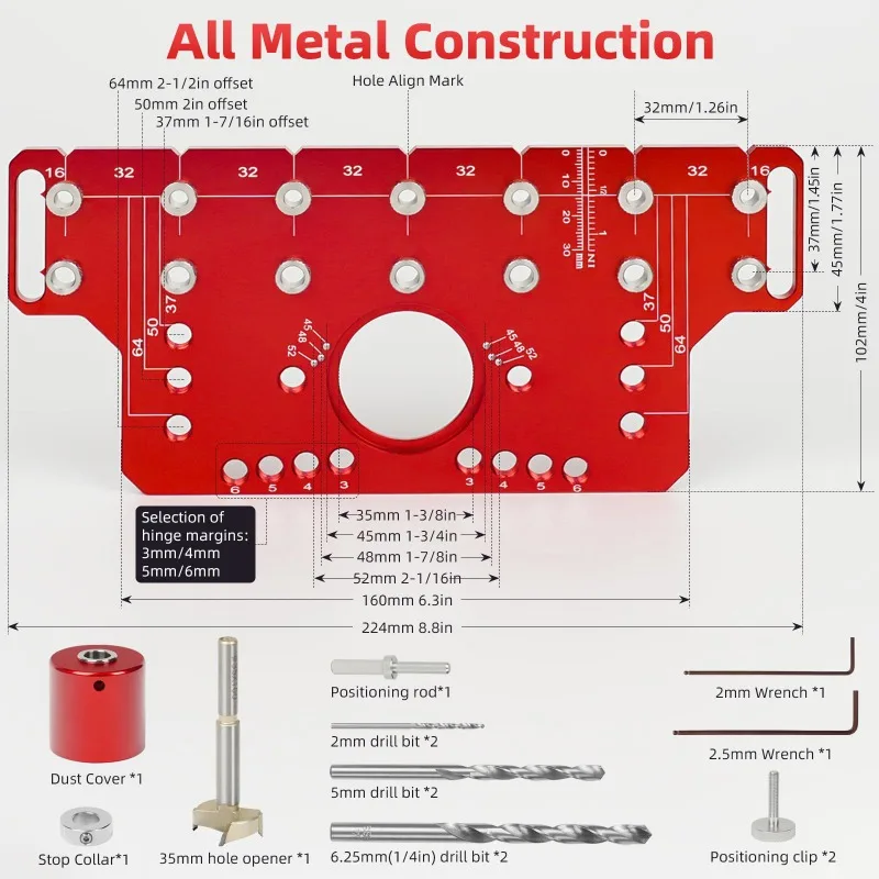 Aluminum Alloy 2 IN 1 Drilling Jig Concealed Hinge & Shelf Pin Positioning Fixture Cabinet Hole Locator Woodworking Mounting Aux