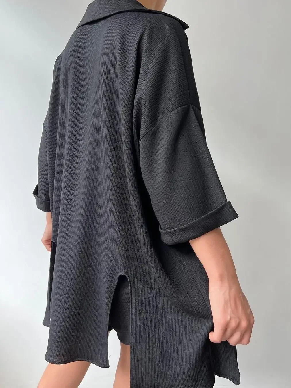 

Casual Shorts Sets 90% Cotton 2 Pieces Cozy Lapel Lantern Sleeve Shirt Summer Outfit Elastic Waist Shorts Suits