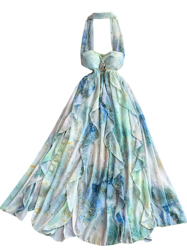 Sexy Bal Ne Hanging Long Dr Autunno da donna Bella scena fotografica Riduzione dell'età Gonna Gored con stampa floreale Dr