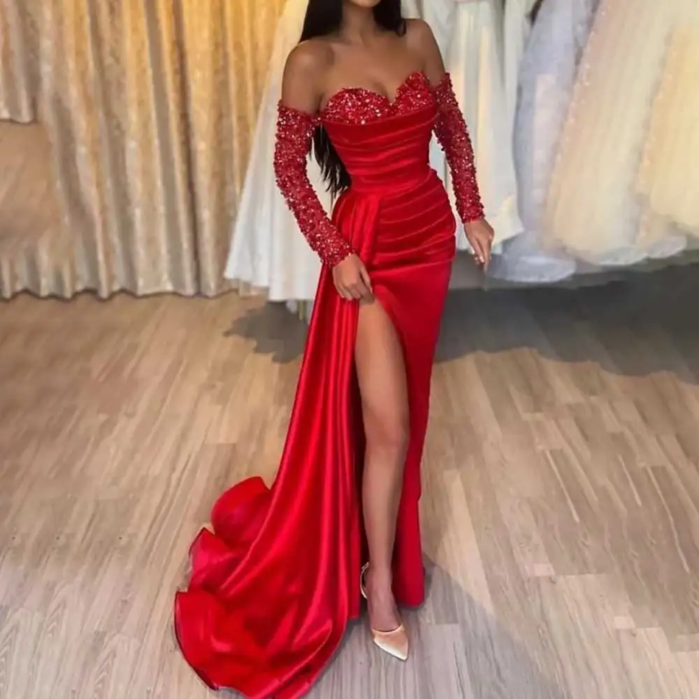 

Sexy Shiny Sequin Evening Dress for Women V Neck Straight Side Slit Backless Pleated Prom Dress Formal Party Dress فساتين سهرة