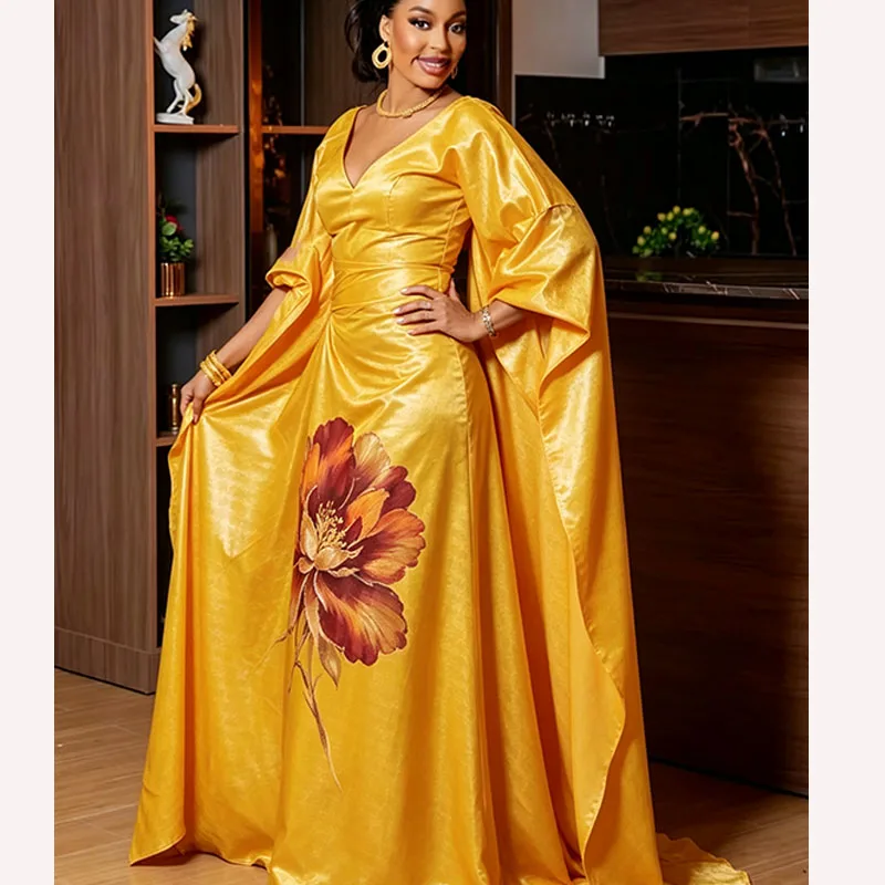 Luxury Handmade Bazin Gown for Women - New In Dresses, Perfect African Dress for Parties and Dates, Includes Headscarf Robe