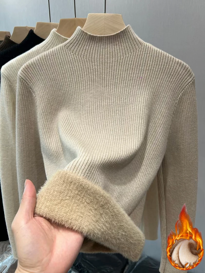 Sweter zimowy z golfem damski elegancki zagęszczony aksamitny podszewka ciepły sweter z dzianiny Sueter wąskie topy Jersey dzianina sweter nowość