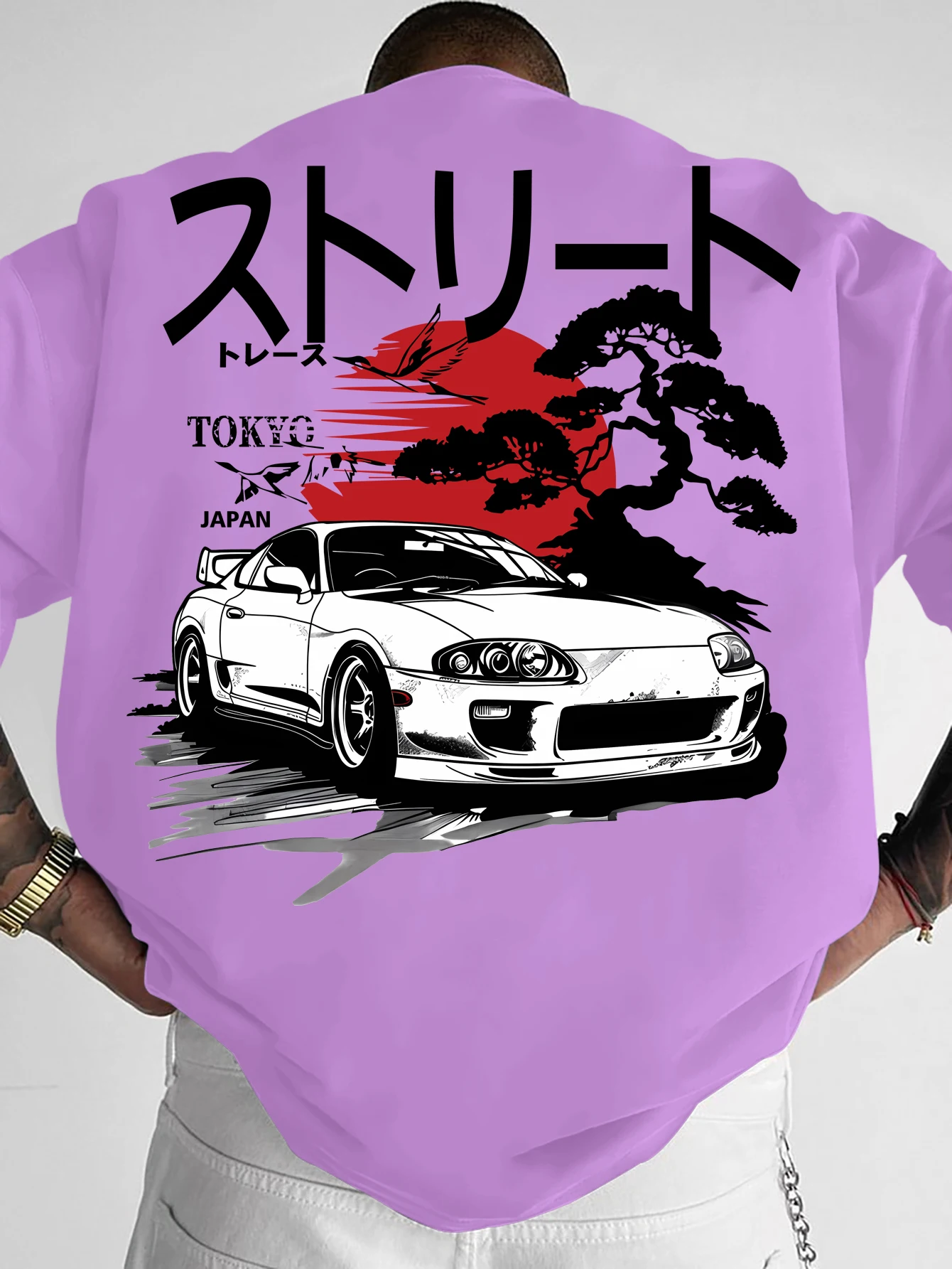 Übergroßes Vintage-Japanisches T-Shirt für Männer, Streetwear, Retro-Rennwagen-Landschaftsdruck auf der Rückseite, Grafik-T-Shirt mit Rundhalsausschnitt und kurzen Ärmeln – Detail 5