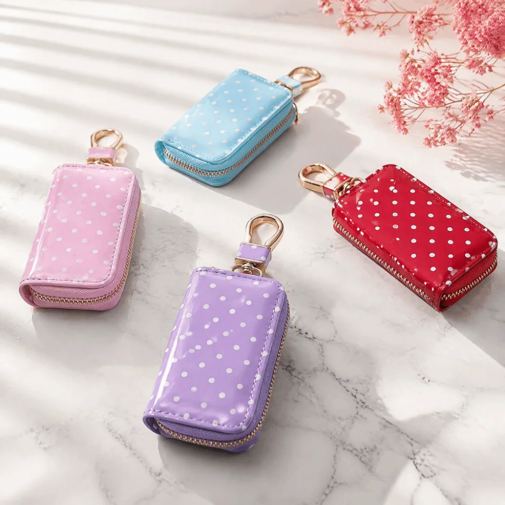 Durable Polka Dot Key Pouch Metal Clasp Compact Zipper Key Protection Cover Pu Leather Water Resistant Small Wallet