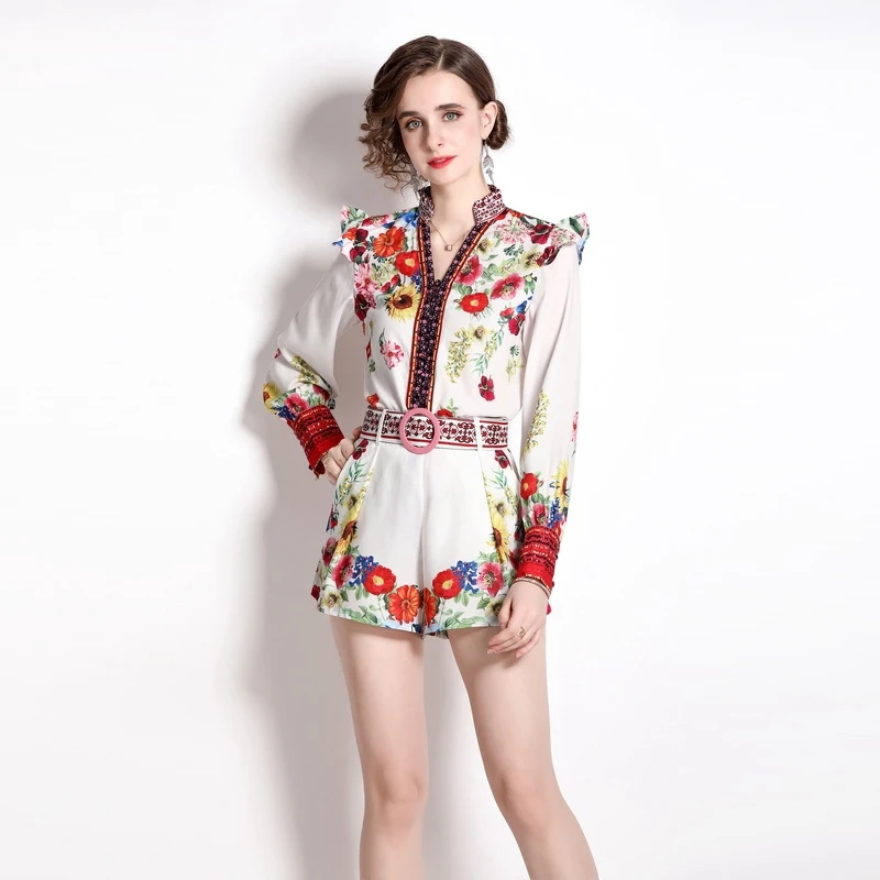 2022 Autumn New Vintage Flower printed Fashion 2 Piece Set Women V Neck Long-Sleeved Ruffled Shirt Top + Shorts Suit With Belt