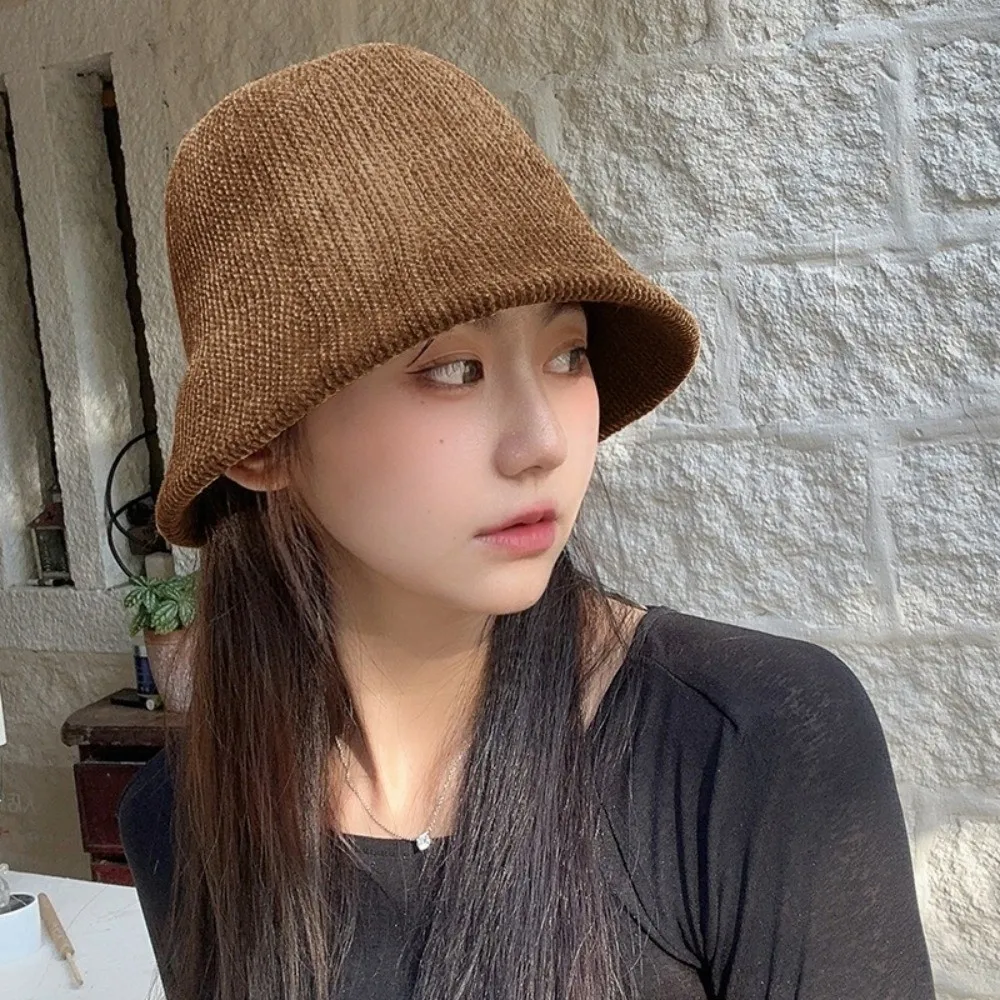 

Casual Chenille Knitted Fisherman Hat British Style Cold-proof Women Panama Cap Korean Style Solid Color Bucket Hat Autumn