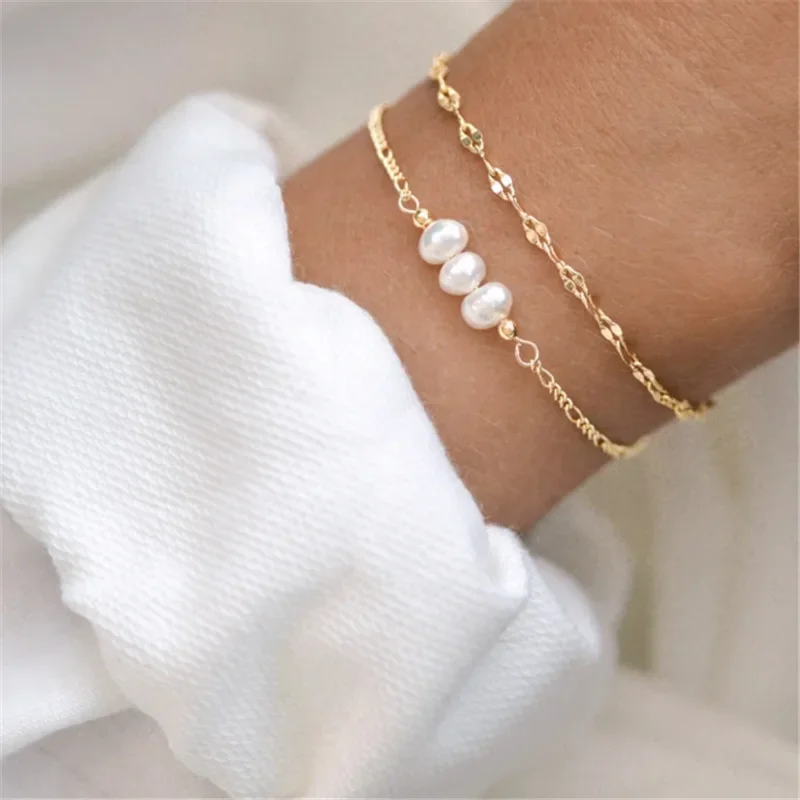 Minar Elegant Baroque Freshwater Pearl Charm Bracelets for Women  Gold Plated Stainless Steel Figaro Chain Beaded Bracelet