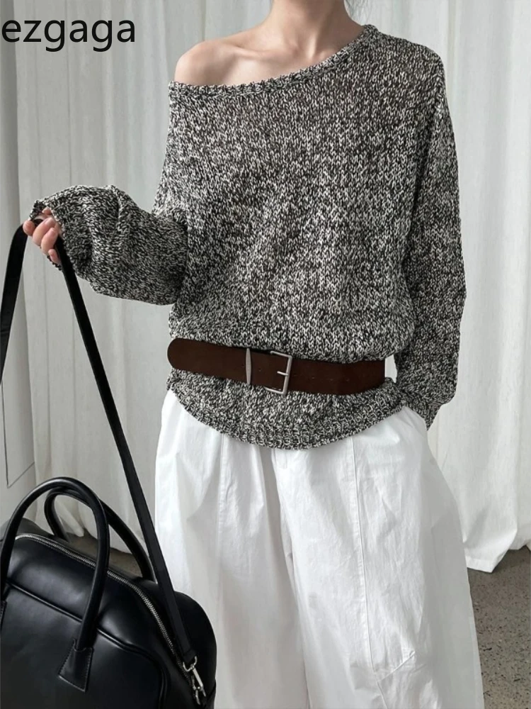 

Ezgaga вязаный свитер женский с диагональным воротником с открытыми плечами осень-зима пуловер с вырезом на поясе винтажный элегантный джемпер женский