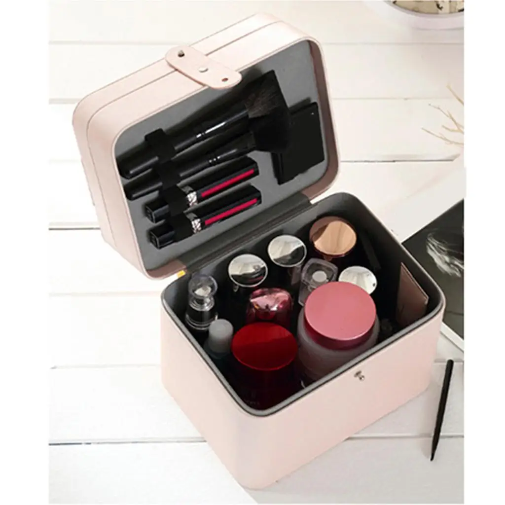 

Two Layer Cosmetic Leather Case with Mirror Makeup Bag Large Capacity Organizer for Travel Accessories
