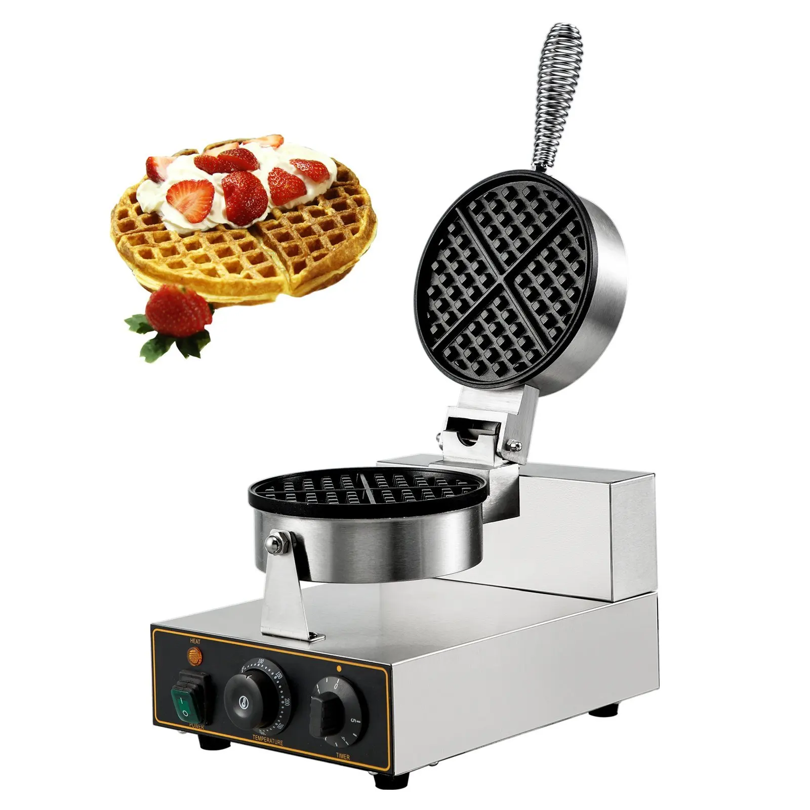 Commercial Round Waffle Maker Nonstick 1100W Stainless Steel 110V Temperature and Time Control, Suitable for Family, Non-rotated