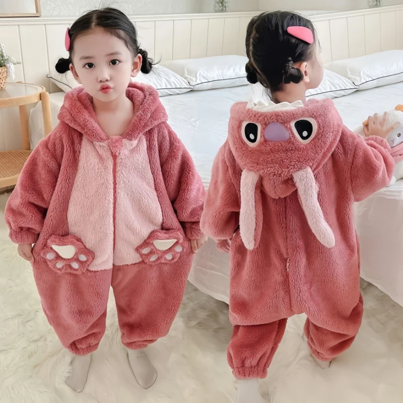 Miniso Anime Zipper Design Stitch Cartoon Male And Female Onesies One-piece Pajamas Warm Soft Thicken Nightgown