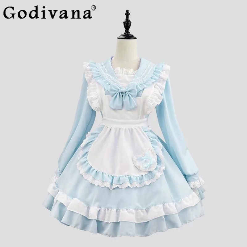 코스프레 학교 메이드 복장 여성 귀여운 아카데미 선원 로리타 긴 소매 메이드 복장 웨이트리스 파티 의상을위한 소녀 의상