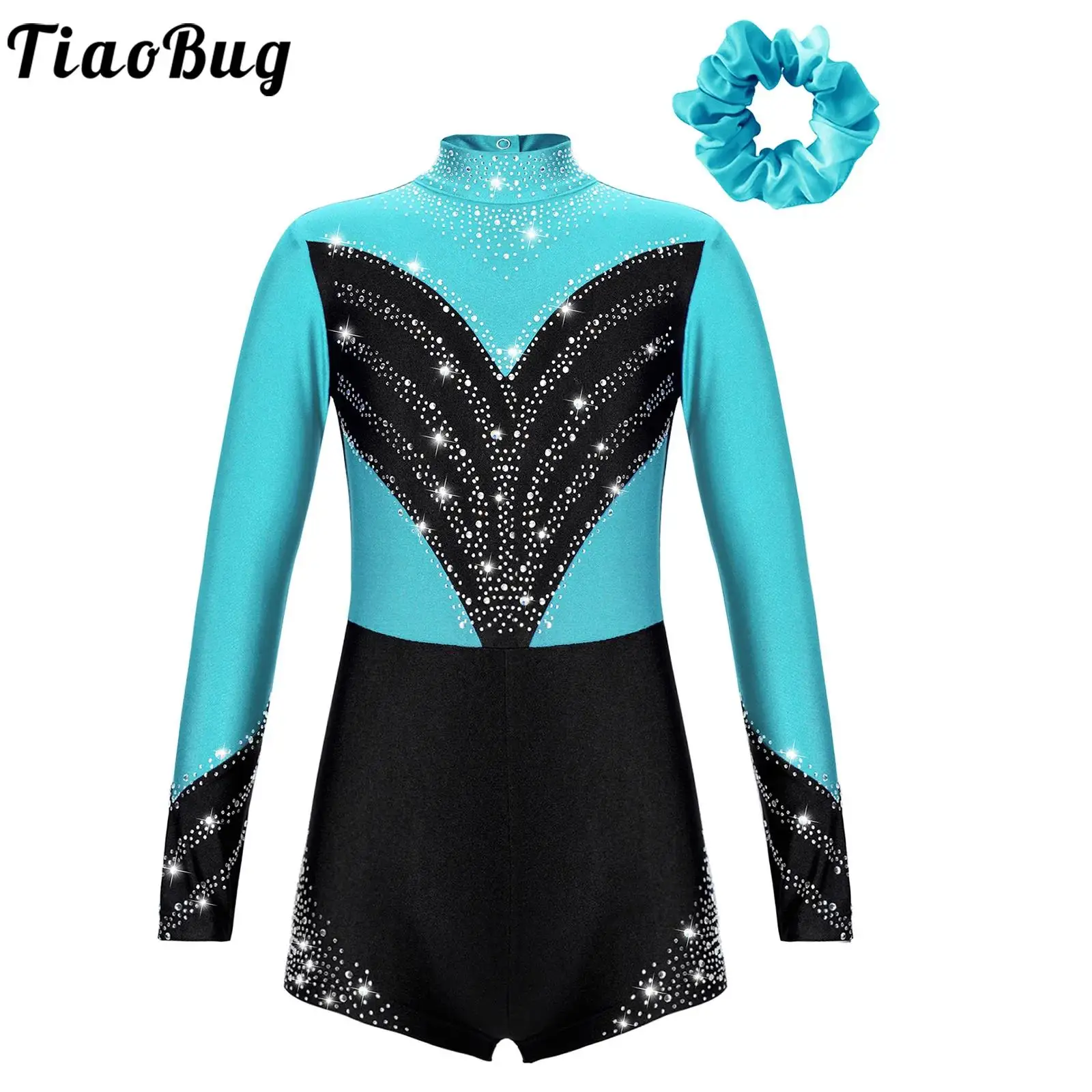 

Kids Girls Ballet Dance Gymnastic Leotard Jumpsuit Long Sleeve Shiny Rhinestones Shorty Unitard Figure Skating Bodysuit Outfit