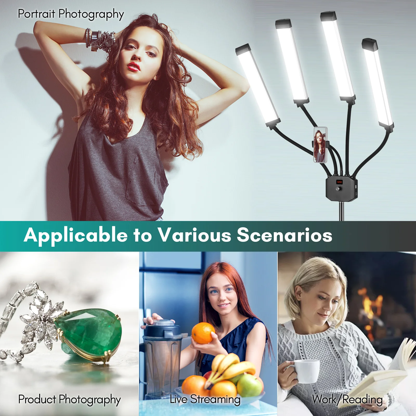 Elastyczna 4-ramienna lampa wideo LED Fotografia Światło wypełniające 3200K-5600K Możliwość przyciemniania z uchwytem na telefon + metalowy stojak