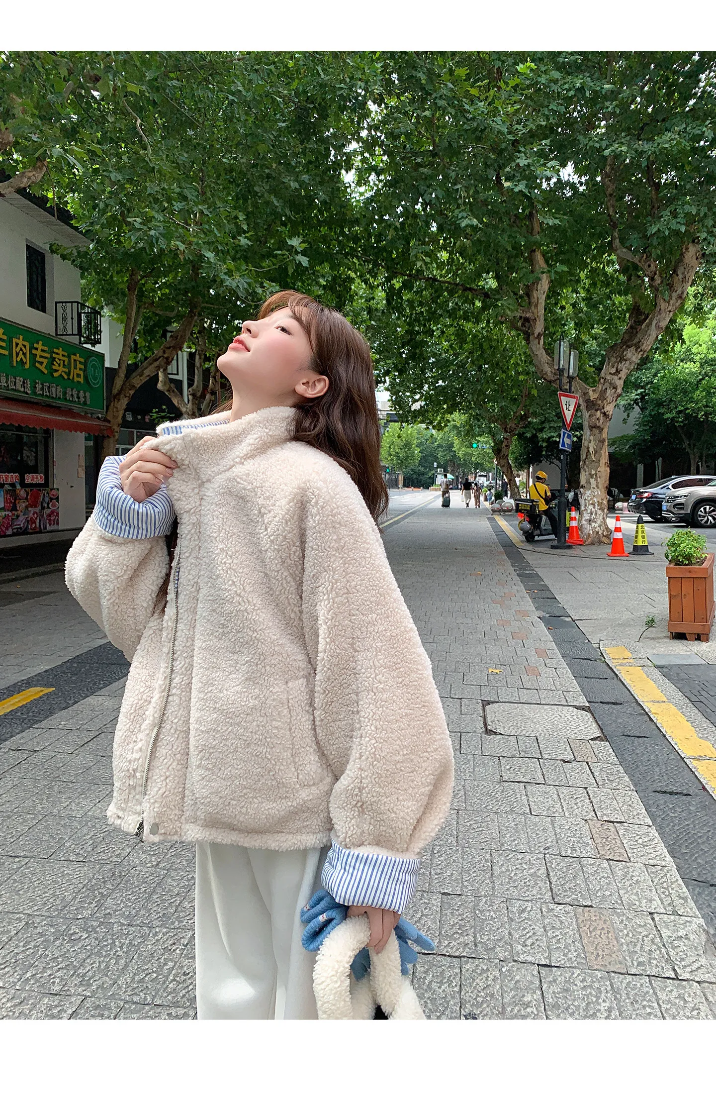 Korean Women's Reversible Striped Jacket Autumn Winter Stand Collar Fleece Lined Padded Coats Woman Loose Casual Plush Jackets