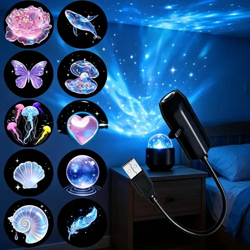 USB Magic Ocean Series Projector Lamp Adjustable Jellyfish Butterfly Pattern Atmosphere Light Car Bedroom Decor Projection Light