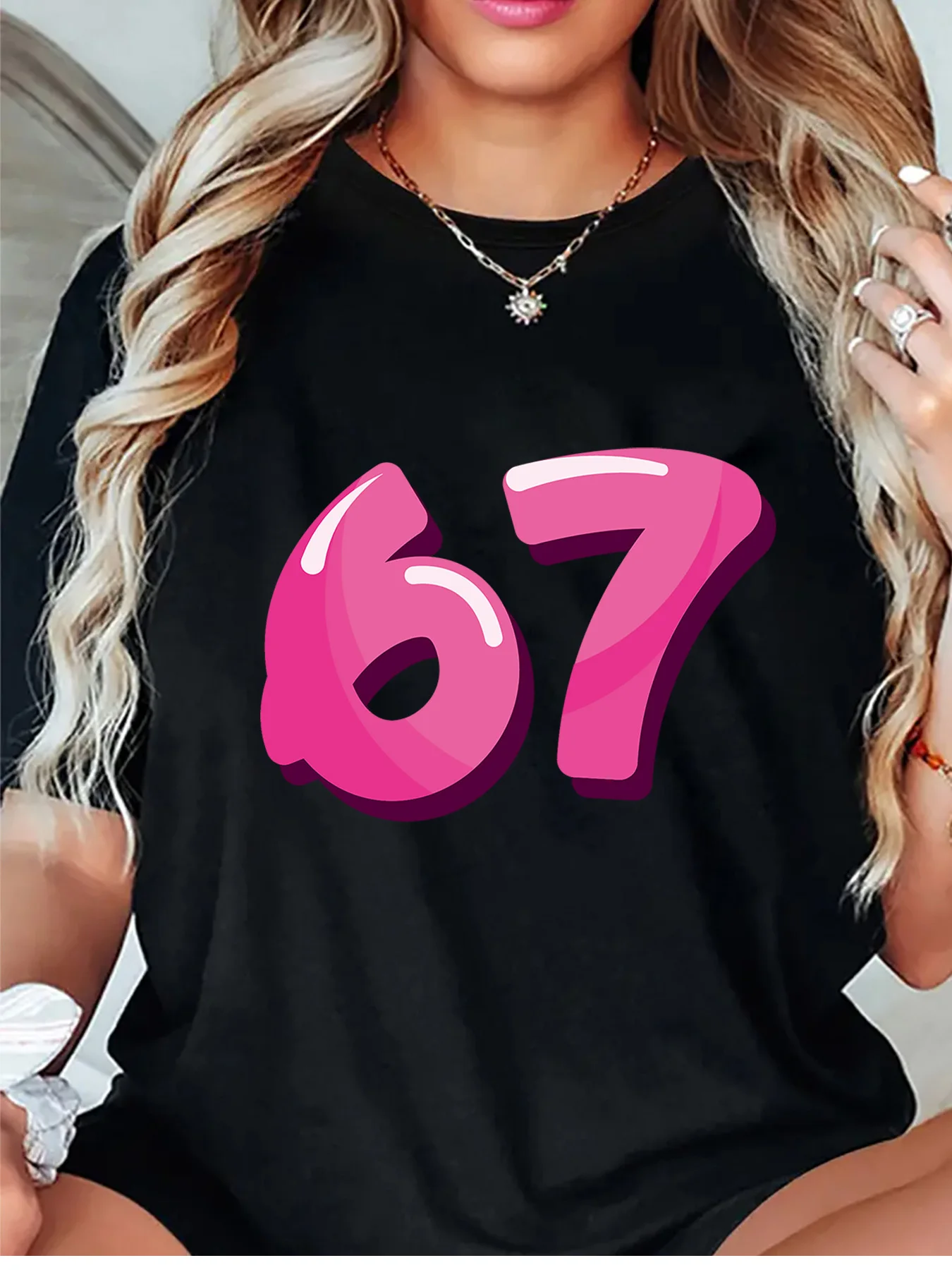 Womens O Neck Short Sleeve T Shirt Glossy Pink Number 67 Digital Print Modern Number Graphic Casual Daily Wear Ladies Tops