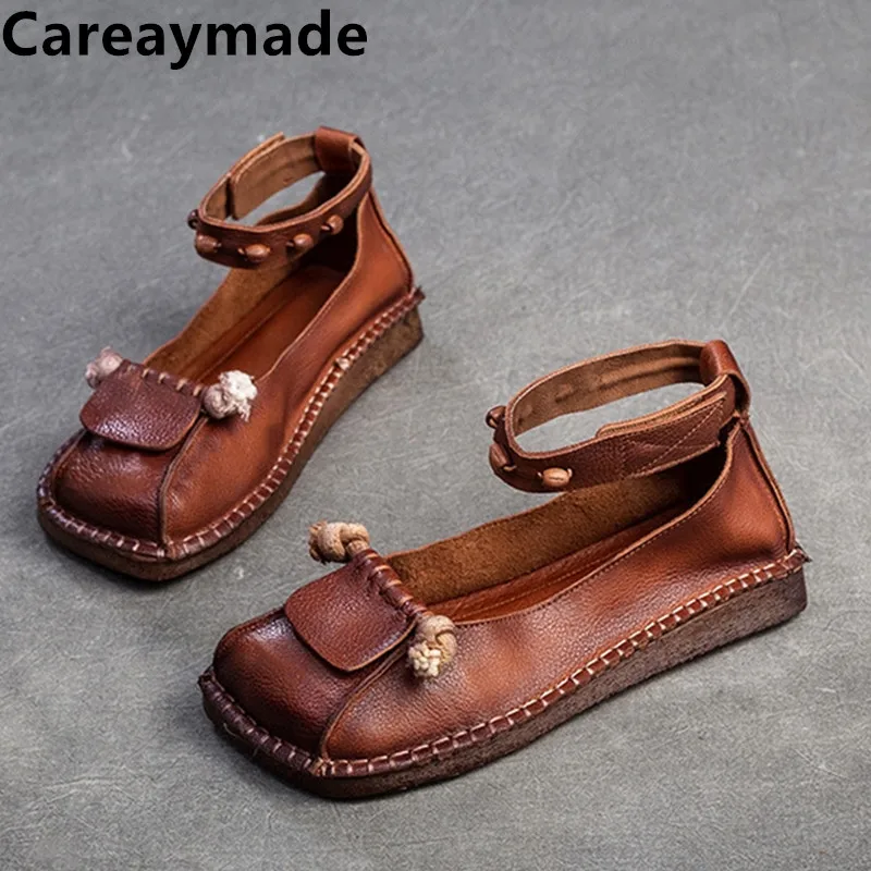 

Careaymade-Genuine Leather Ethnic Natural Loafer Summer Comfy Shallow Women Soft Flats Elastic Casual Square Toe Sewing Shoes