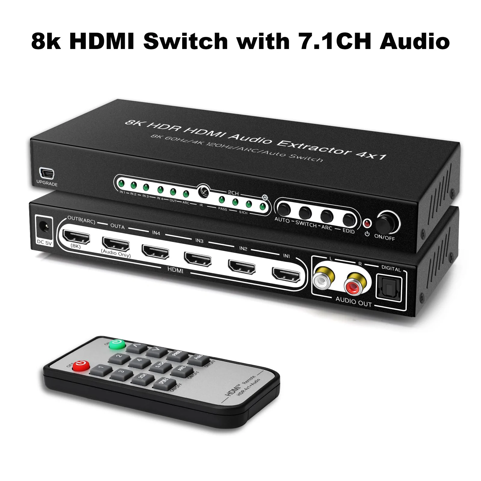 

8K@60HZ HDMI Switch 4 In 1 Out with 7.1CH Audio Extractor and ARC,HDMI 2.1 Switch Audio Converter Support Optical, L/R Audio,4x1