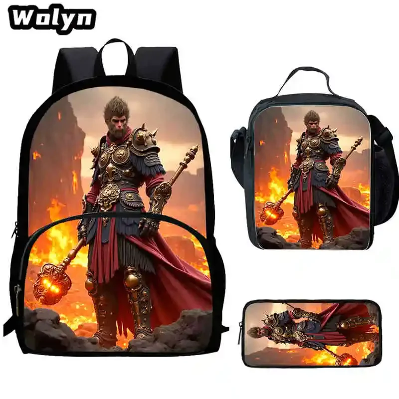 Cartoon Black Anime Myth Wu-King Child Backpack,Lunch Bags,Pencil Bags for 4-8 Years Old Anime School Bag for Boy Girl Best Gift