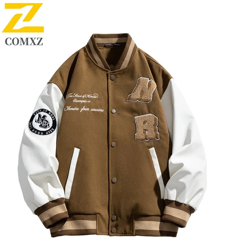 COMXZ Mens Baseball Jacket High Fashion Stand Up Collar Printed Embroidery Design Jacket Streetwear Style Spring Autumn Jacket