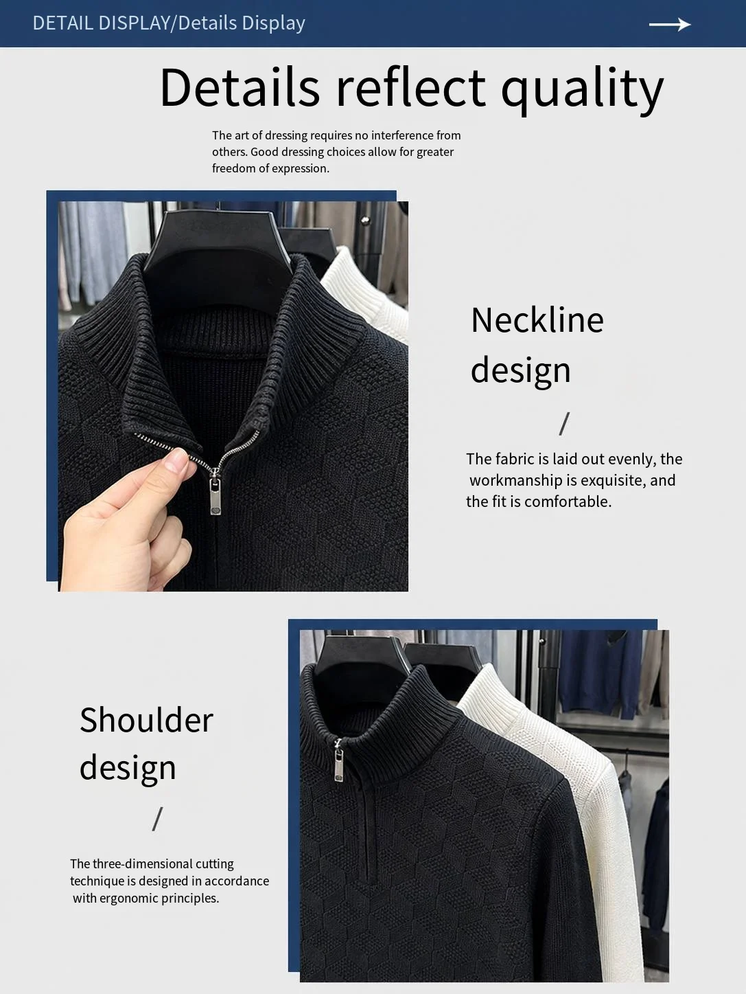 Premium Herren Langarm-Strickpullover mit Stehkragen, Reißverschluss und Hundestickerei, Herbst-Winter Neuheit, Freizeit-Pullover, Gemütlich und Vielseitig – Detail 4