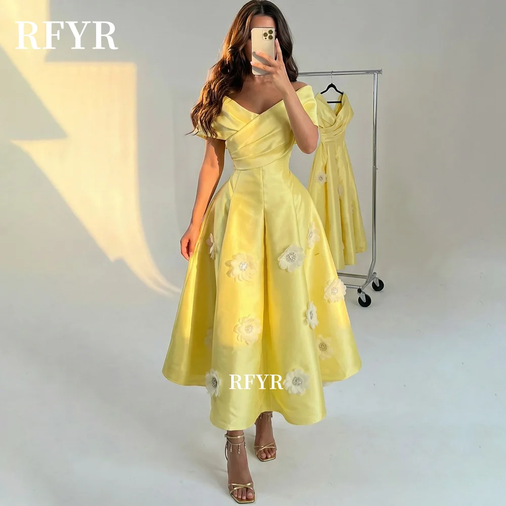 

RFYR Off Shoulder Evening Dress with Flowers Tea Length Prom Dress Yellow Party Dress for Arabic Women vestidos Customized