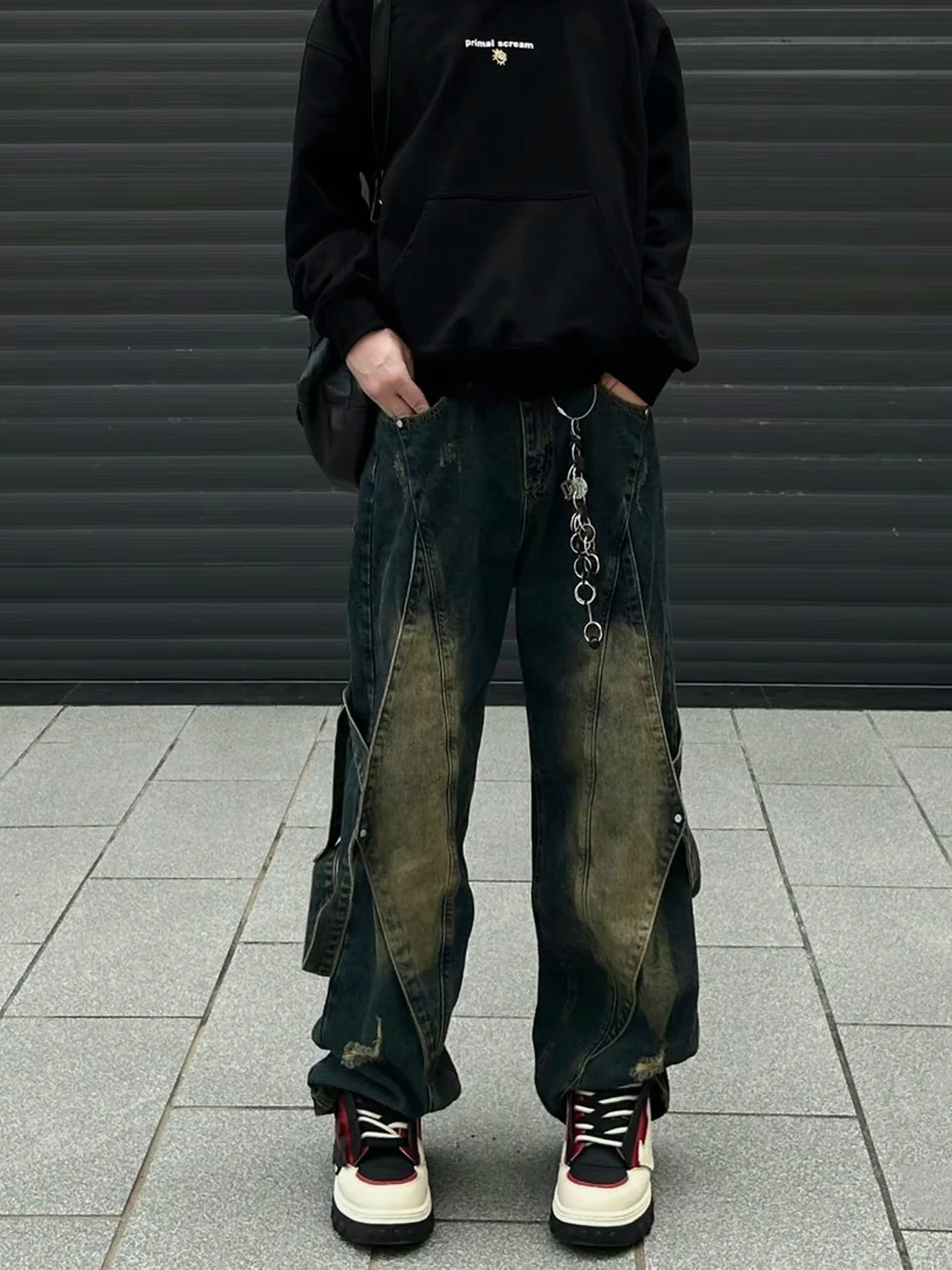 

Retro American Waed Distred Jeans Men's Spring New High Street Loose Splicing Design Straight Leg Long Pants