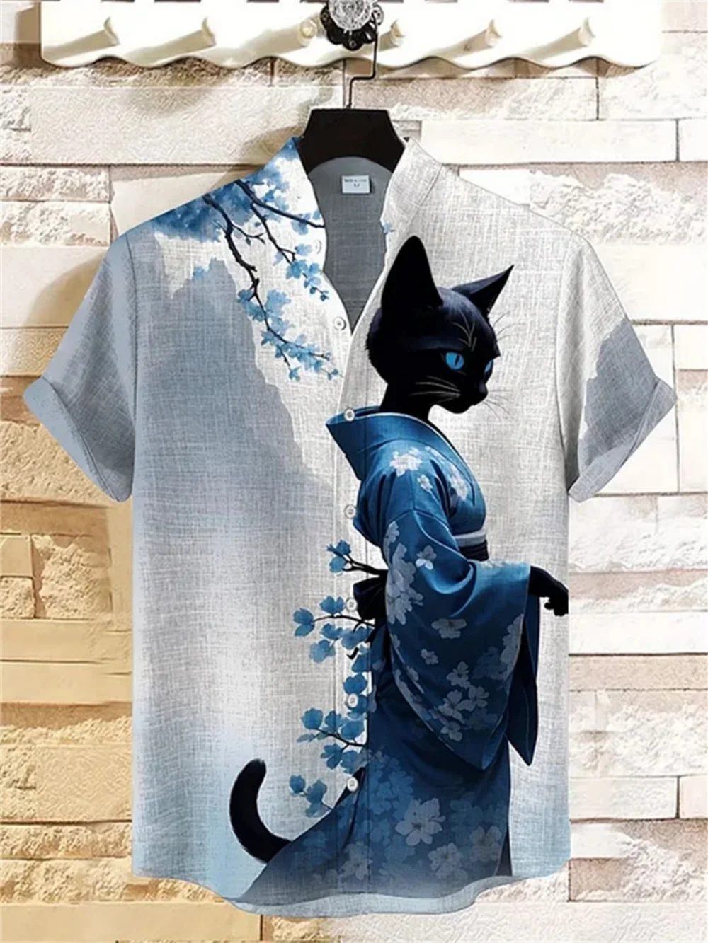 Sommerhemd für Herren, Cyberpunk, japanischer Samurai, bedruckt, Stehkragen, modische soziale Ballkleidung