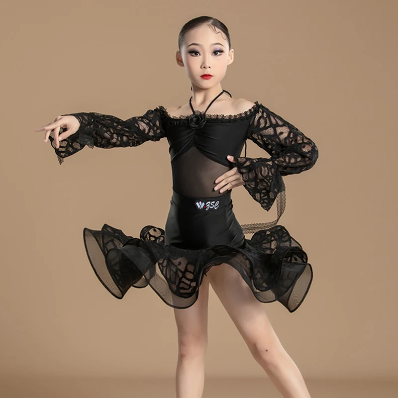 

Детский костюм для латинских танцев, сценический костюм для танцевального шоу для девочек, кружевное боди с лямкой на шее, черная юбка с рюшами, одежда для латинской ча-ча-румбы VDL292