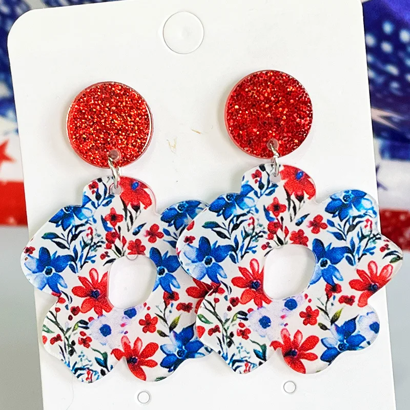 Fashion American Independence Day Flower Earrings Summer Cool Flowers Shining Bohemian Star Love Pattern Independence Earrings