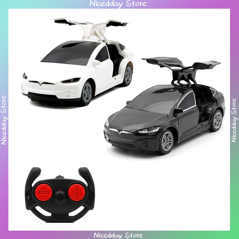 1:24 Tesla Rc Car 4-Channel Drfit Remote Control Car With Lights Simulation Double Doors Plastic Model Children'S Toy Car Gift