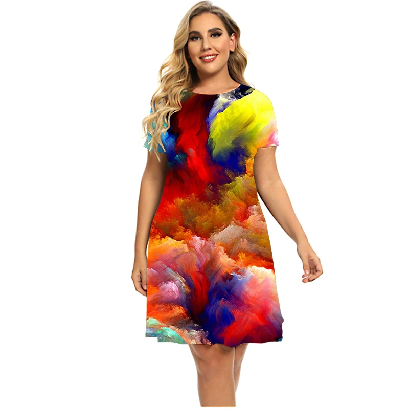 Women Rainbow Speckle Ink Dress Summer Short Sleeve Tie Dye Gradient Loose Dress Oversized O-Neck Ladies Plus Size Dress 5XL 6XL