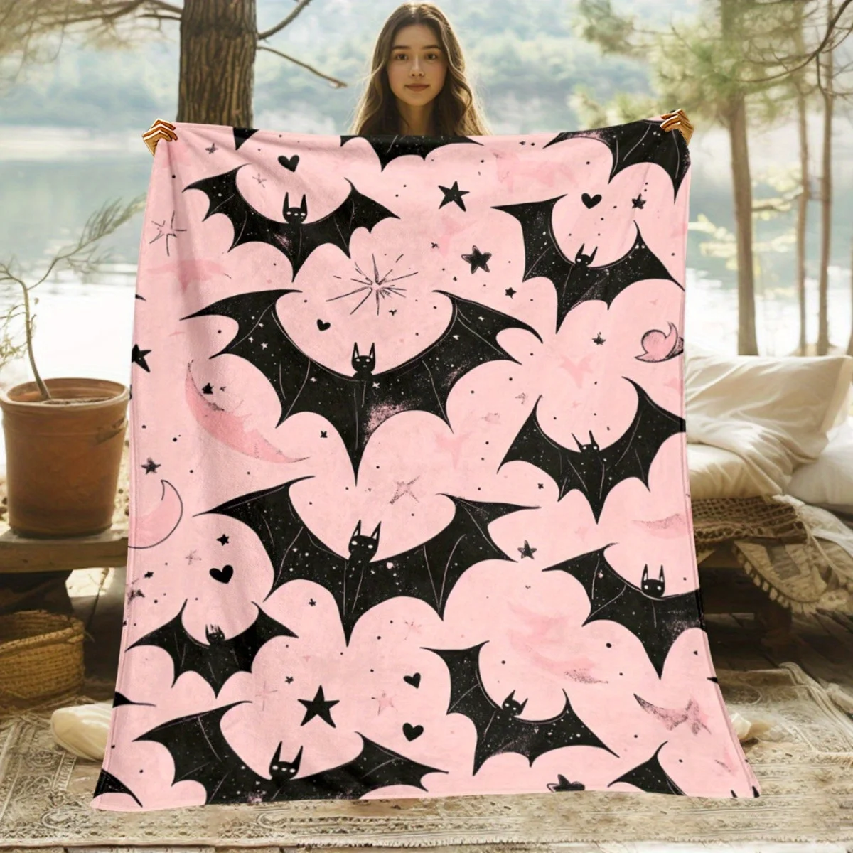 Pink Bats & Stars Digital Print Flannel Throw Blanket - Lightweight Soft Warm Blanket for Sofa, Camping, Bed, Office