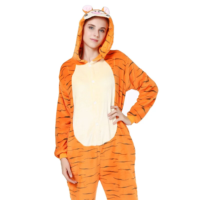 Adult Couple Flannel One-piece Sleepwear Cartoon Animal Ankle-length Pajamas Winter Onesie Cosplay Tiger Costume Loungewear