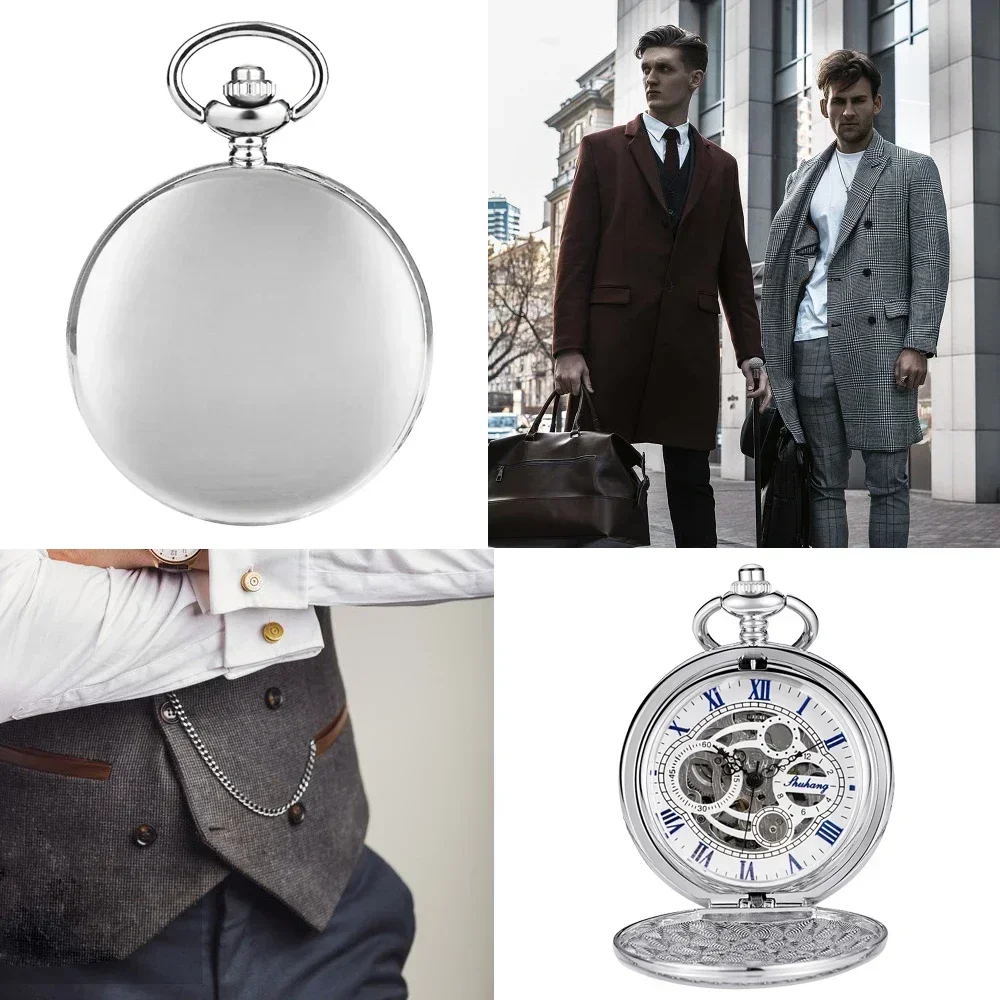 Silver Classic Roman Numerals Manual Mechanical Pocket Watch Retro Chain Clock Gift for Male Antique Hand Winding Pocket Clock