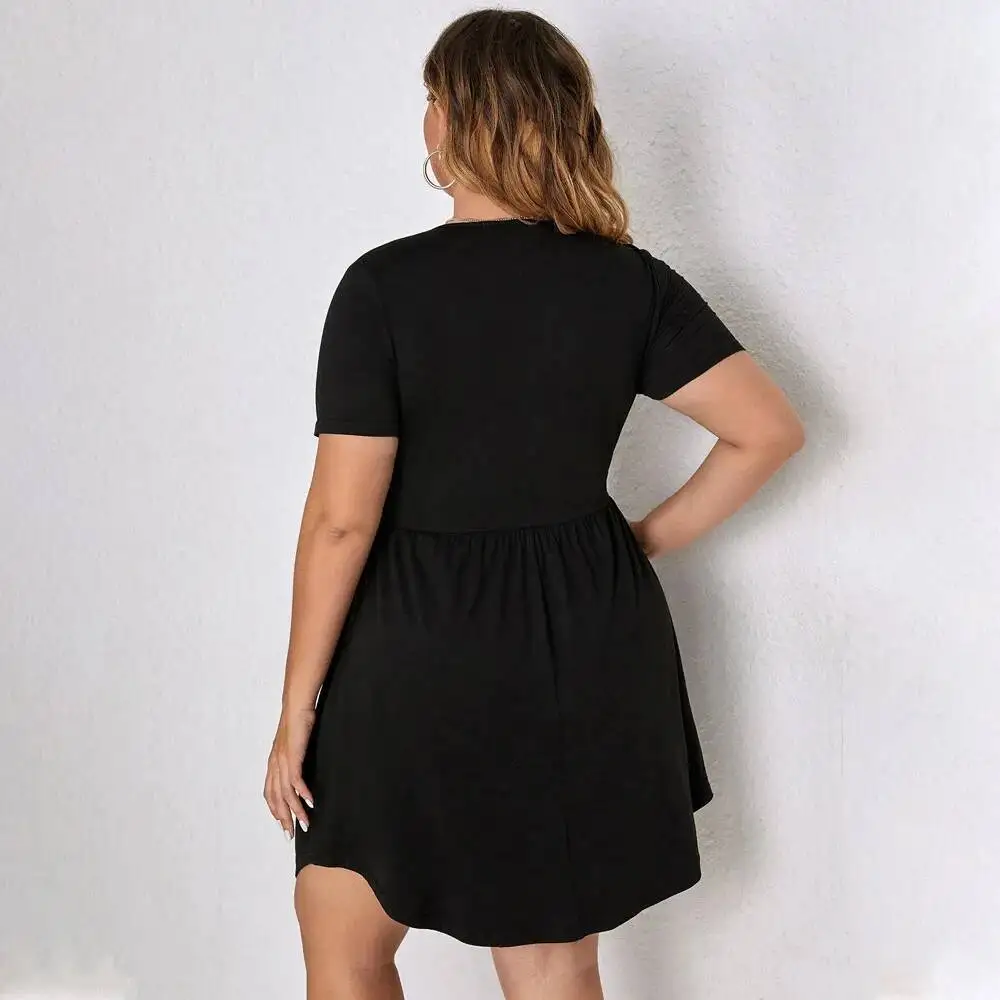 

Plus Size Women's 2025 Black Round Neck Waist Cinched Dress Looks Slim and Elegant, Long Skirt for Children Elegantes Casual Y2k