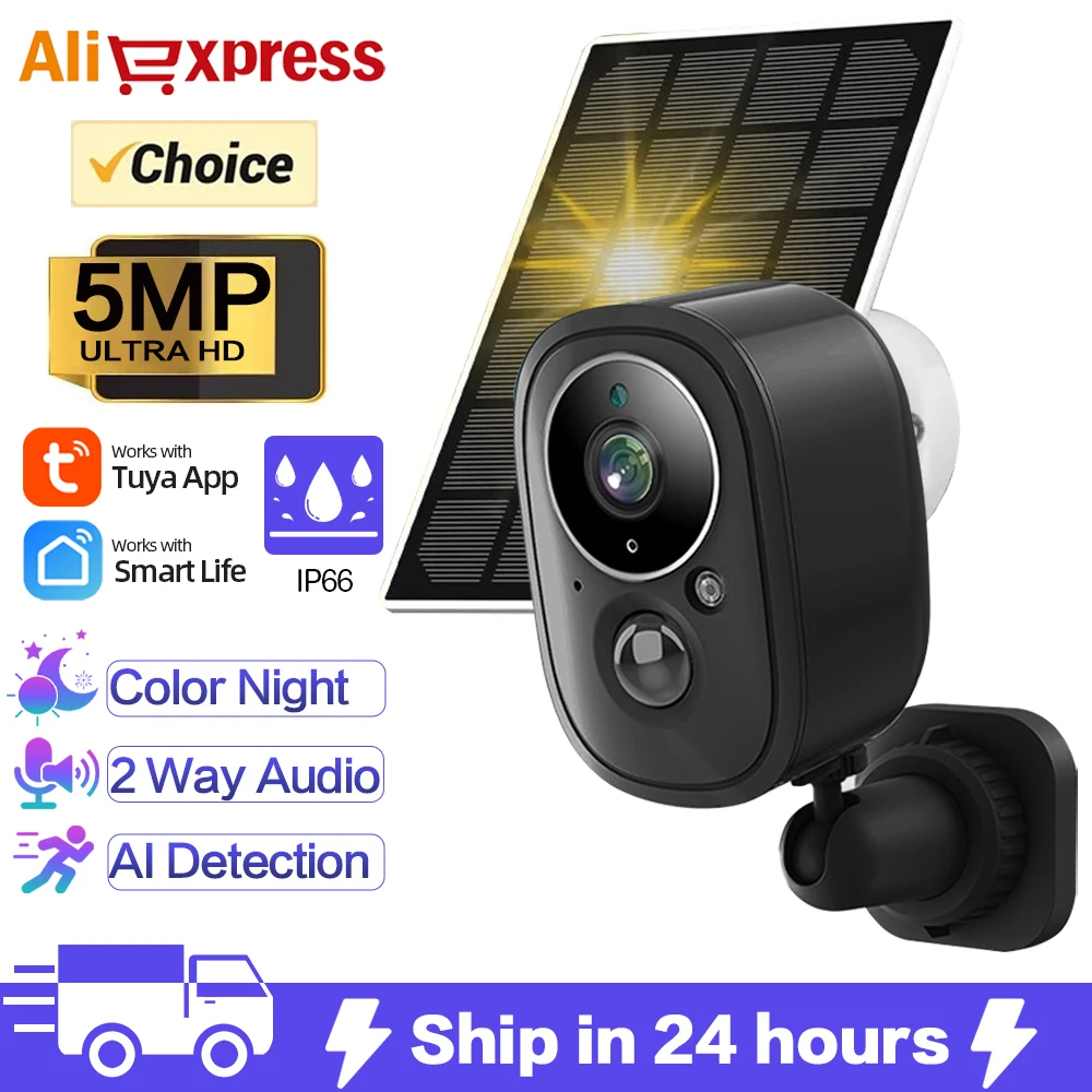 5MP WIFI Solar Tuya Board Outdoor Camera PIR Human Motion Detection Battery Security CCTV Wide 135° Angle Surveillance Cameras