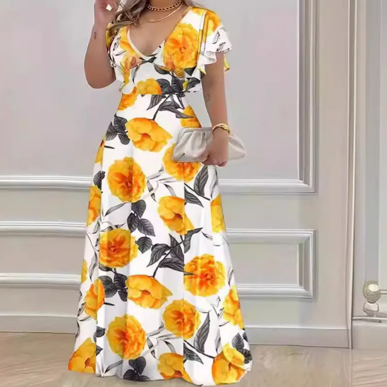 

Women's Dresses Sexy Fashion 2025 Spring Summer V-neck Elegant And Casual Floral Printed Long Dress Loose Streetwear Robe Femme