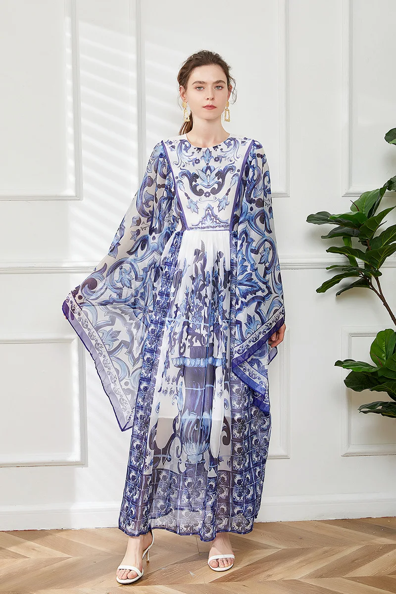 

Maxi Dress Women Batwing Sleeve Blue and White Porcelain Printing Bohemian Vacation Fashion Designer Summer Dresses Faldas 2022