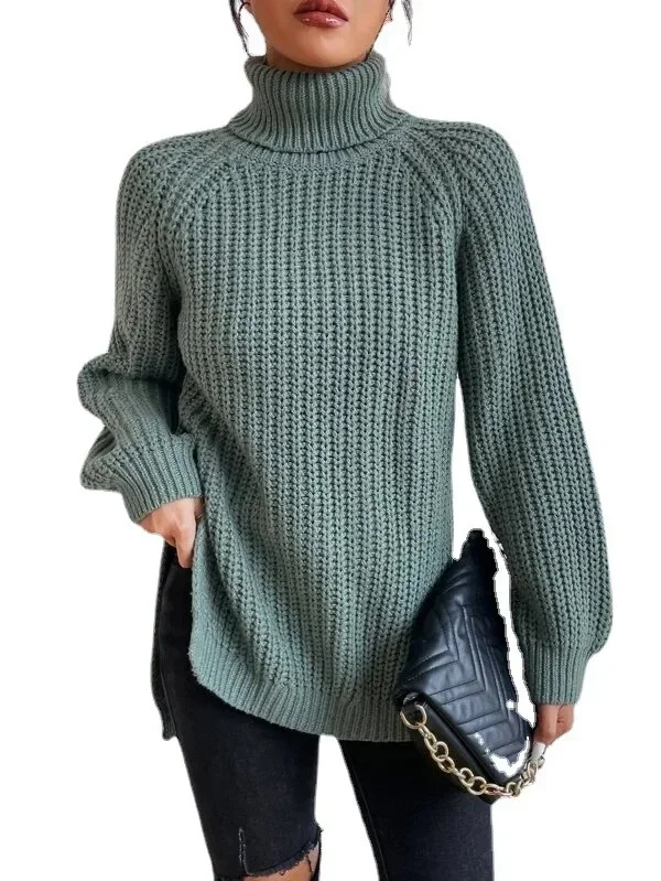 Turtleneck Y2k Kintted Sweater Women Split Crochet Jumper Top E-girl Pullover Spring Autumn Winter Thick Sueter Work Jumpers