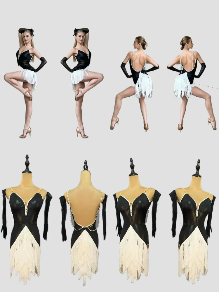 

MZDance Latin Fringe Dress Women's Dancewear Black and White Thin Straps Backless Pearl Chain Suitable for Cha-Cha, Samba, Salsa
