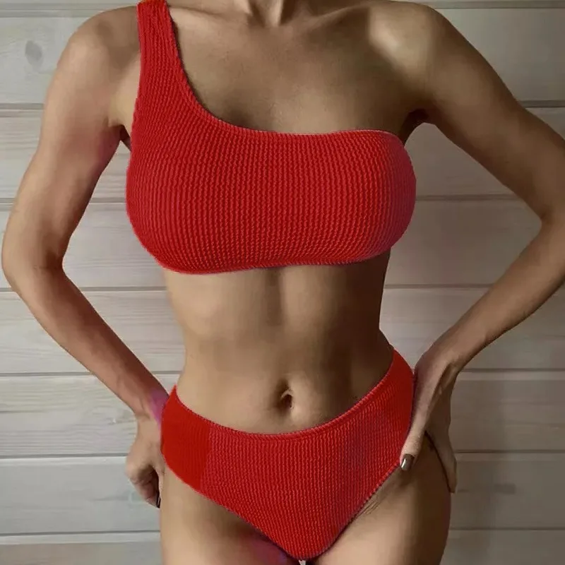 Bikini Solid Color One Shoulder High Waist Split Swimsuit Sexy Swimsuit Women
