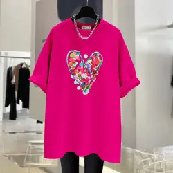 Camiseta de manga corta de algodón puro con estampado de amor de verano para mujer, camisetas informales holgadas con cuello redondo, Tops básicos elegantes