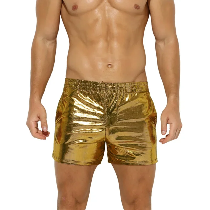 YUFEIDA Gold Leather Boxers Men\'s Underwear Sexy PU Leather Boxershorts Gay Lingerie Clubwear Male Underpants Mens Silver Trunks