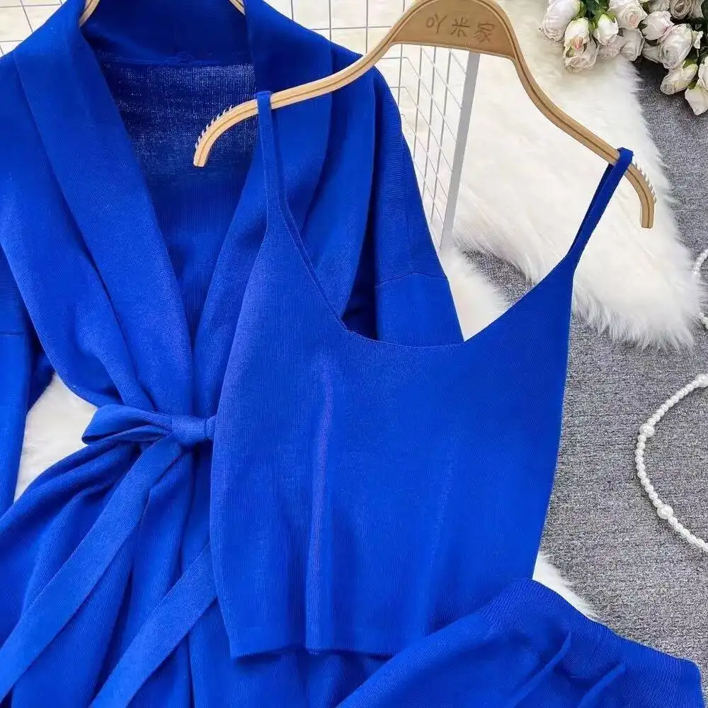 Women Streetwear Three Piece Suit Korean Long Sleeved V-neck Knitted Jacket Sleeveless Vest High Waist Wide Leg Pants Tracksuits