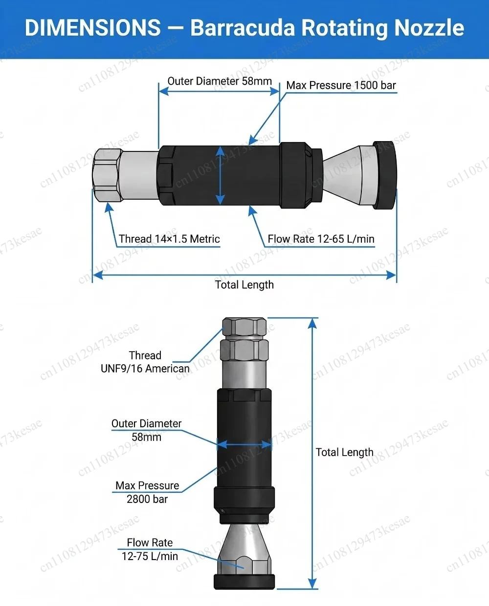 1500bar 360° High Pressure Rotating Nozzle DN30 M24 60L/min Hydraulic Jet for Condenser Tube Pipeline Cleaning